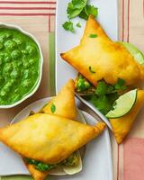 ai generato delizioso pollo samosa con verde peperoncino sos e asciutto peperoncino sos gratuito foto