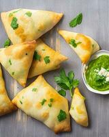 ai generato delizioso pollo samosa con verde peperoncino sos e asciutto peperoncino sos gratuito foto