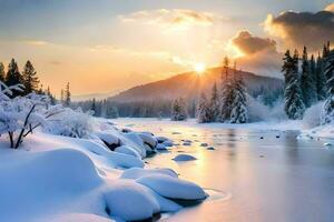 neve coperto fiume e alberi nel il inverno. ai-generato foto