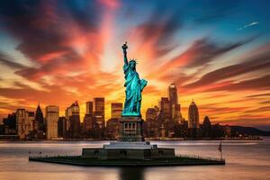 statua di libertà e nuovo York città Manhattan orizzonte a tramonto, Stati Uniti d'America, statua libertà e nuovo York città orizzonte a tramonto, ai generato foto