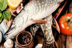 pesce luccio su il cucina tavola foto