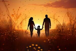 silhouette di un' contento famiglia a piedi nel il campo a tramonto, sagome di contento famiglia Tenere il mani nel il prato durante tramonto, ai generato foto