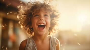 ritratto di un' contento poco ragazza con Riccio capelli avendo divertimento all'aperto. ai generato foto