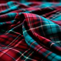 struttura di rugoso, spiegazzato tartan tessuto avvicinamento, tradizionale Scozzese capi di abbigliamento - ai generato Immagine foto