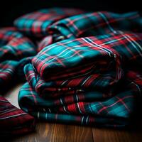 struttura di rugoso, spiegazzato tartan tessuto avvicinamento, tradizionale Scozzese capi di abbigliamento - ai generato Immagine foto