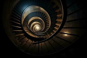 spirale scala nel il scuro. vicino su Visualizza di spirale scala, spirale scala nel scuro, ai generato foto
