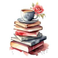 acquerello libri caffè e Rose su bianca sfondo foto