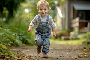 poco ragazzo apprendimento per camminare. carino poco ragazzo, a piedi e giocando indossare giardinaggio Abiti. generativo ai foto