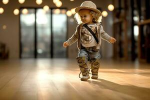 poco ragazzo apprendimento per camminare. carino poco ragazzo, a piedi e giocando indossare un' cowboy costume. generativo ai foto