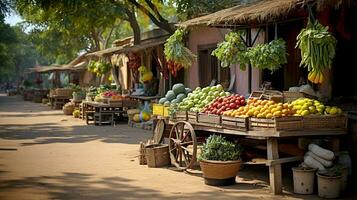 tradizionale verdura e frutta stalla. piccolo negozio nel il villaggio vendita frutta e verdure. generativo ai foto