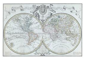 mondo carta geografica, diviso in carta geografica di il orientale e occidentale emisferi, johannes contato, 1721 - 1774 foto