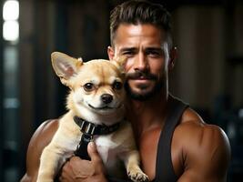 ai generativo ritratto di enorme bello maschio bodybuilder Tenere minuscolo carino bianca chihuahua cane, Palestra sfondo foto