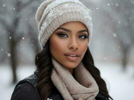 ai generativo ritratto di bellissimo africano americano femmina modello indossare inverno capi di abbigliamento stile sotto caduta neve, moda sfondo, striscione, modello foto