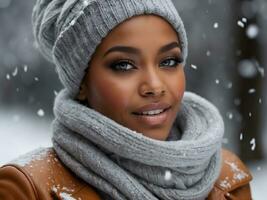 ai generativo ritratto di bellissimo africano americano femmina modello indossare inverno capi di abbigliamento stile sotto caduta neve, moda sfondo, striscione, modello foto