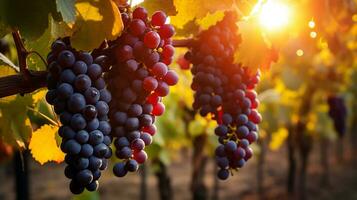 vigneti a tramonto nel autunno raccolto. maturo uva nel autunno. mazzo di maturo uva su vigneti. generativo ai foto