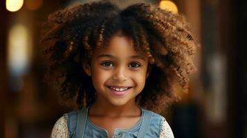 africano americano poco ragazza con afro acconciatura e sorridente generativo ai foto