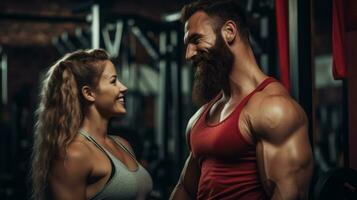 attraente giovane sportivo donna e barbuto uomo nel il palestra. generativo ai foto