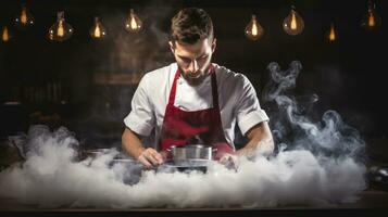 giovane uomo Lavorando come un' capocuoco nel un' ristorante o Hotel cucina preparazione cibo generativo ai foto