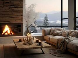 accogliente moderno inverno vivente camera interno con divano e un' moderno camino ai generativo foto