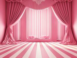 3d interpretazione di un vuoto rosa a strisce camera con un Aperto finestra ai generativo foto