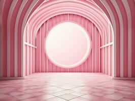 3d interpretazione di un vuoto rosa a strisce camera con un Aperto finestra ai generativo foto