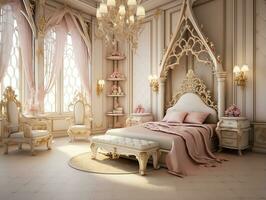 bellissimo Principessa Camera da letto nel il reale Casa ai generativo foto