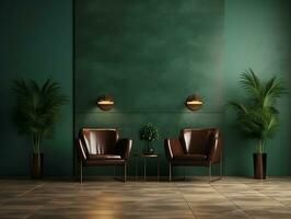 buio verde piastrelle muri camera con Due sedie e un' pianta ai generativo foto