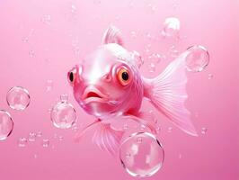 bellissimo rosa pesce nuoto con bolle a partire dal un' rosa sfondo ai generativo foto