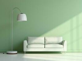 moderno interno camera con bianca divano e pavimento lampada nel davanti di leggero verde parete ai generativo foto