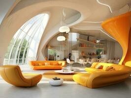 alto soffitti dentro futuristico retrò vivente camera con giallo e bianca mobilia ai generativo foto
