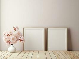 3d vuoto parete e di legno pavimento con frameless bianca manifesti modello per arte immagini e un' lato in vaso fiori ai generativo foto