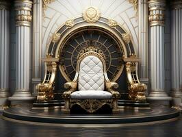 antico 3d d'oro trono su un' bianca pavimento ai generativo foto