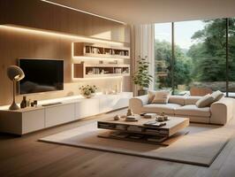 moderno vivente camera pieno con bianca mobilia e di legno parete ai generativo foto