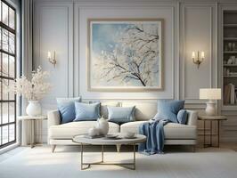 moderno vivente camera con blu e bianca accento mobilia ai generativo foto