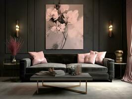 moderno bellissimo vivente camera con divano nel nero e oro stile ai generativo foto
