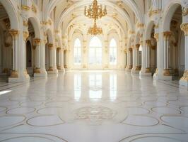 lussuoso bianca marmo pavimento di un' palazzo con bellissimo oro ornamenti ai generativo foto
