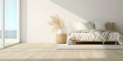 bianca Camera da letto su di legno pavimentazione è seduta Il prossimo per di vimini mobilia ai generativo foto