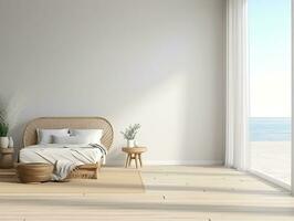 ai generato bianca Camera da letto su di legno pavimentazione è seduta Il prossimo per un' di vimini mobilia ai generativo foto