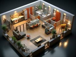 ai generato 3d pavimento Piano di un Aperto concetto vivente appartamento disposizione casa ai generativo foto