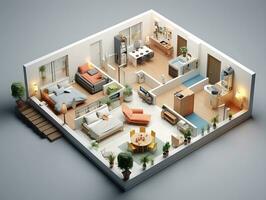 ai generato 3d pavimento Piano di un Aperto concetto vivente appartamento disposizione casa ai generativo foto