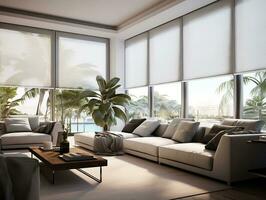 ai generato interno vivente camera con divani e palma alberi ai generativo foto