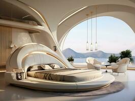ai generato futuristico moderno lusso Camera da letto con molto moderno mobilia ai generativo foto