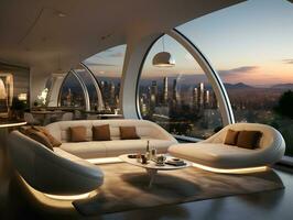 ai generato futuristico orizzonte casa arredamento con pavimento per soffitto finestre e paesaggio urbano visualizzazioni ai generativo foto