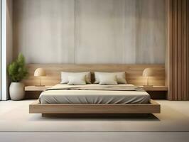 ai generato moderno di legno Camera da letto con di legno mobilia ai generativo foto