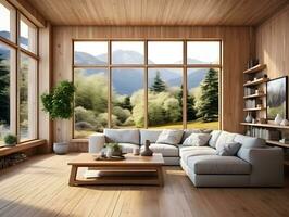 ai generato moderno spazio di legno interno vivente camera con grande finestre e di legno mobilia ai generativo foto