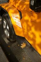 arancia auto nel autunno con caduto le foglie foto