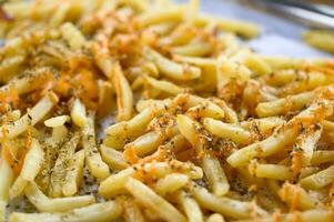 francese patatine fritte sormontato con formaggio e origano foto