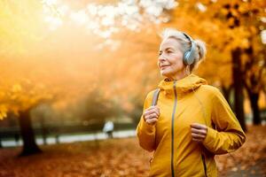 bella di mezza età donna nel cuffie jogging nel un' bellissimo autunno parco foto