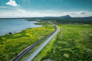 autostrada strada attraverso muschioso a distanza natura selvaggia di costa nel estate foto