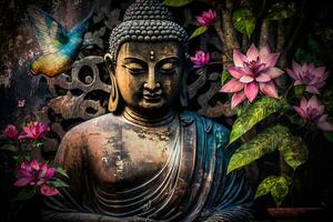 generativo ai, astratto realistico Budda statua, fiori, Magia illuminazione, bellissimo metallico e pietra colori, naturale illuminazione, naturale ambiente foto